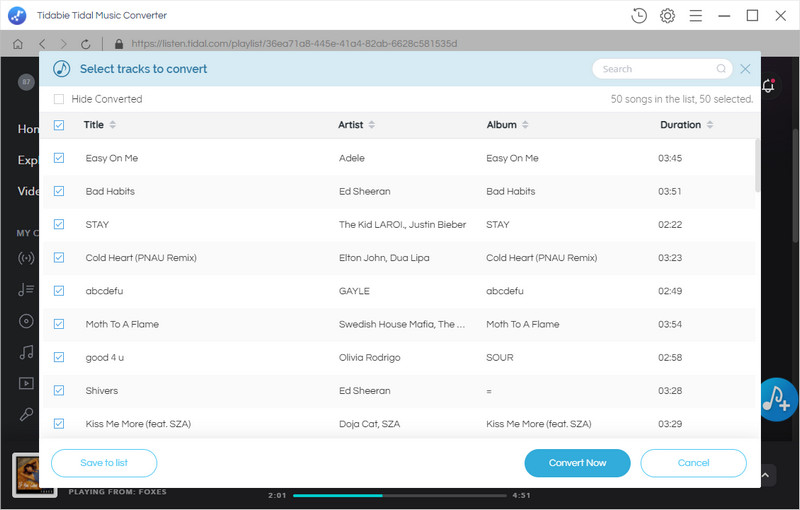 select tidal music to convert