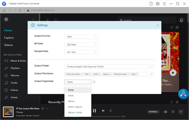 set up tidal music output format