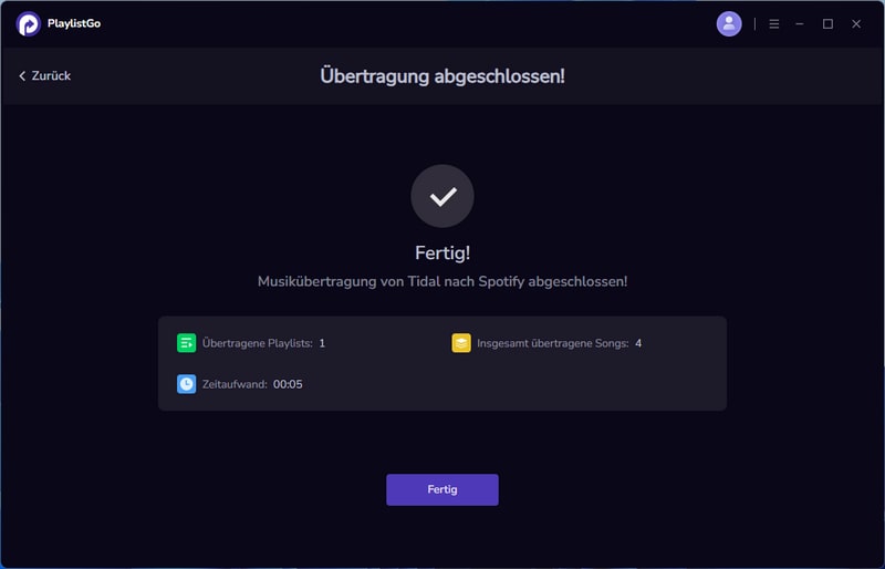 Tidal zu Spotify übertragen abgeschlossen