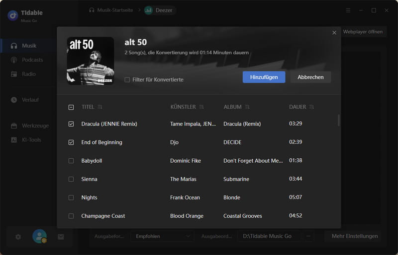 Deezer-Musik hinzufügen