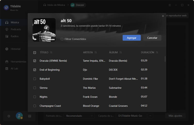 agregar música de Deezer