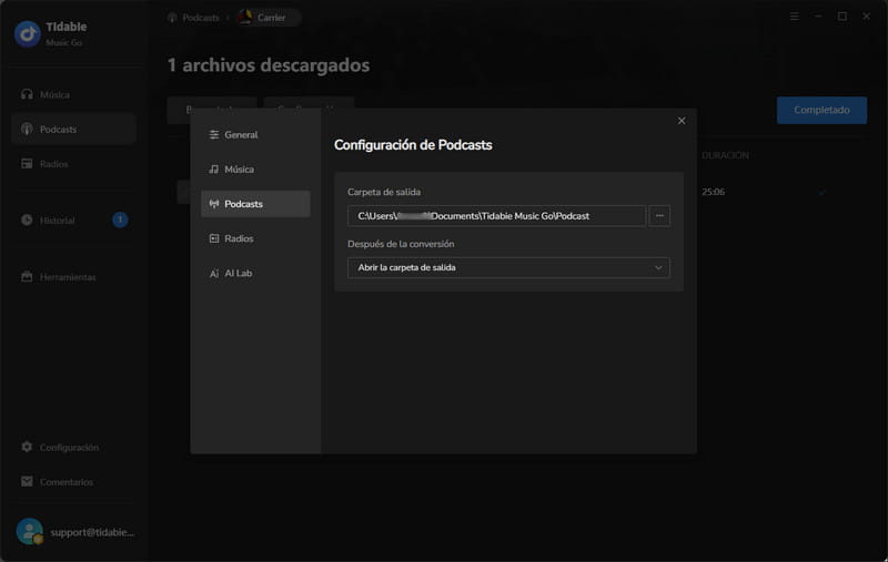 configuración de podcasts