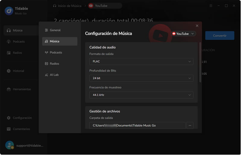 configuración de youtube music flac