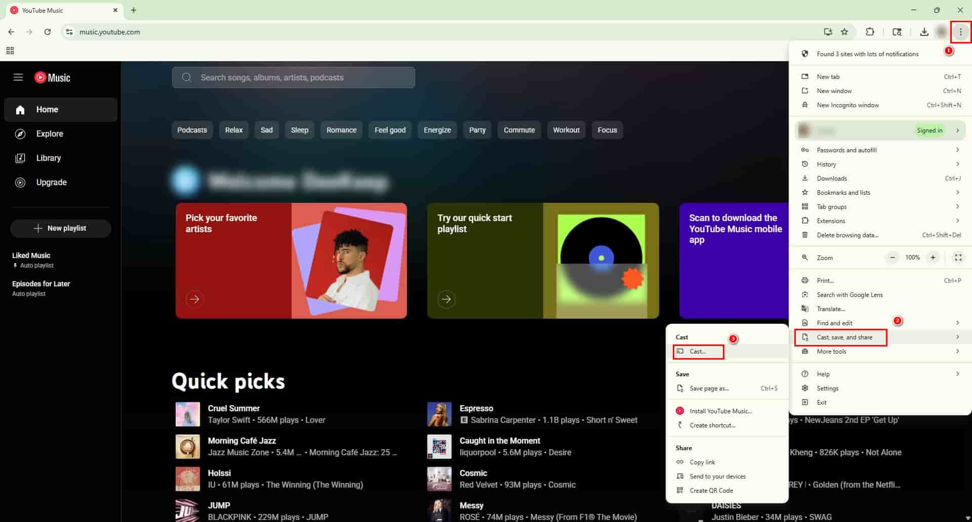 cast youtube music from chrome