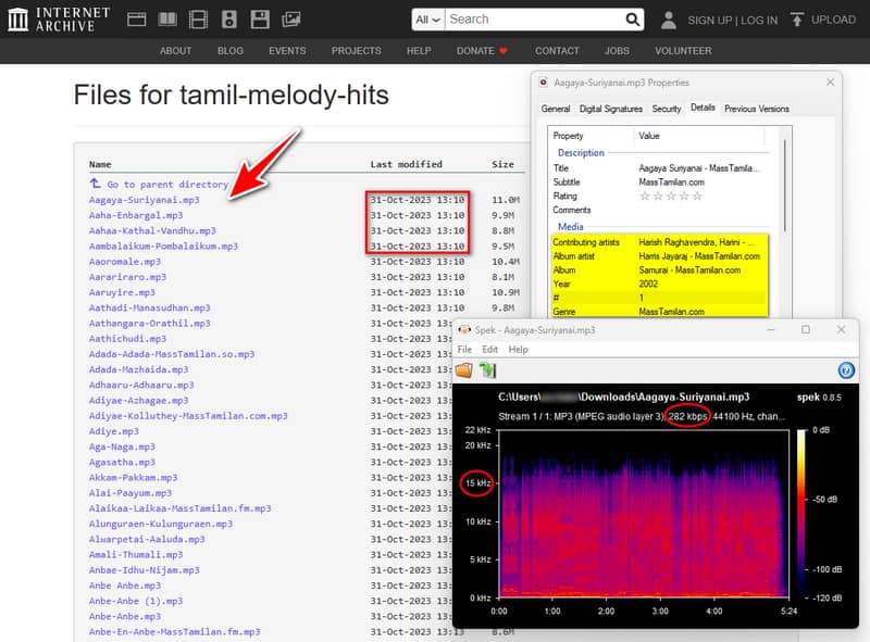 Internet Archive page showing Tamil music collection download options
