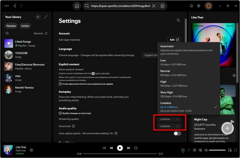 enable spotify lossless audio quality on desktop