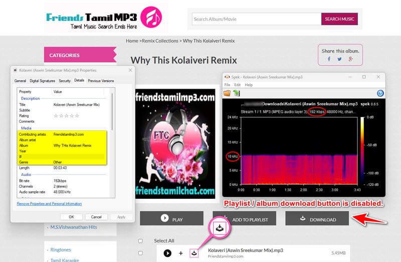 FriendsTamilMP3 page showing Tamil song downloads