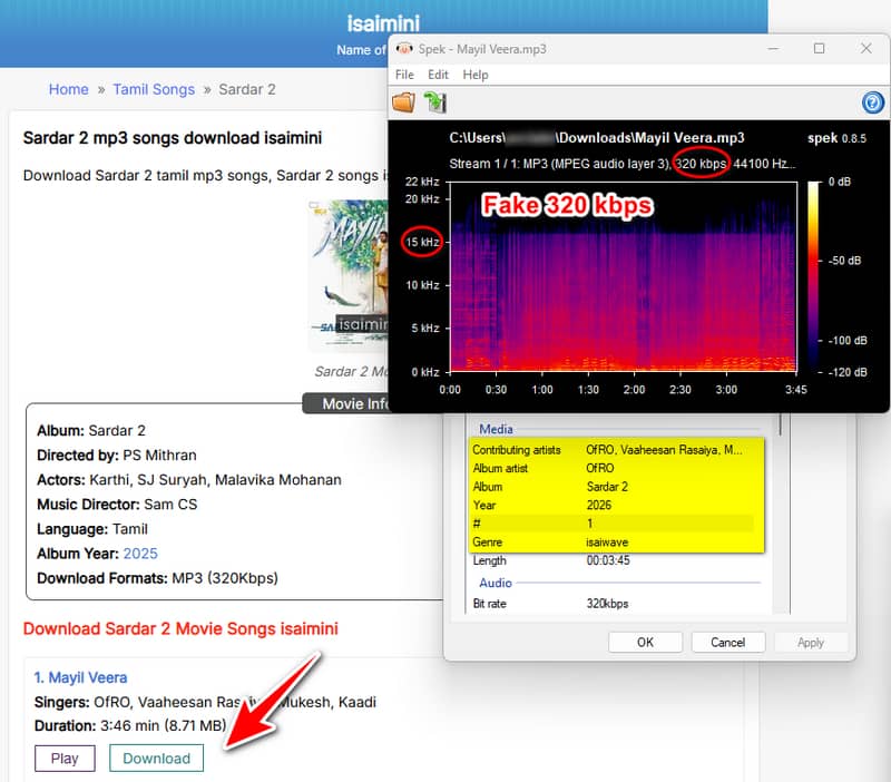 Isaimini website showing Tamil movie songs and MP3 downloads