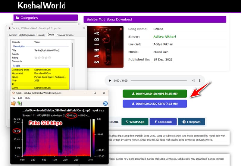 KoshalWorld Tamil MP3 search results and download interface