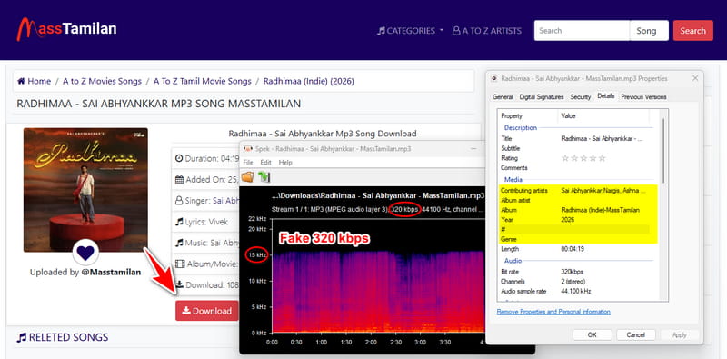 MassTamilan.com Tamil page with MP3 song download links