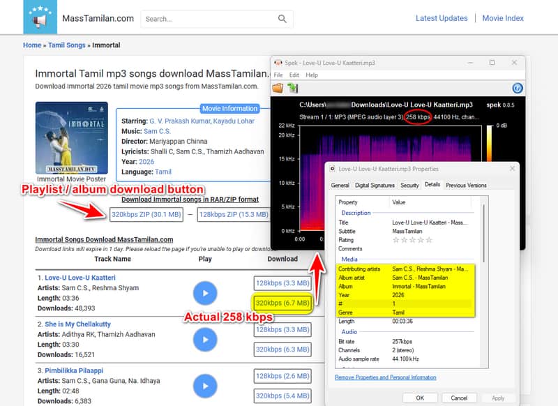 MassTamilan.dev interface displaying Tamil music download results