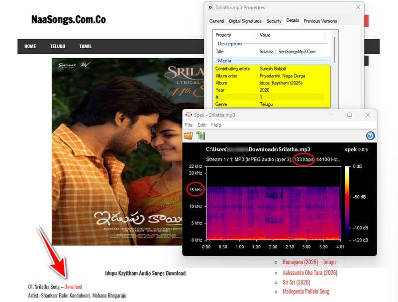 NaaSongs Tamil music page with download options