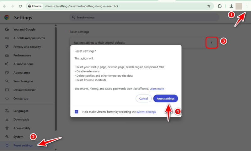 Reset Google Chrome settings to troubleshoot SoundCloud