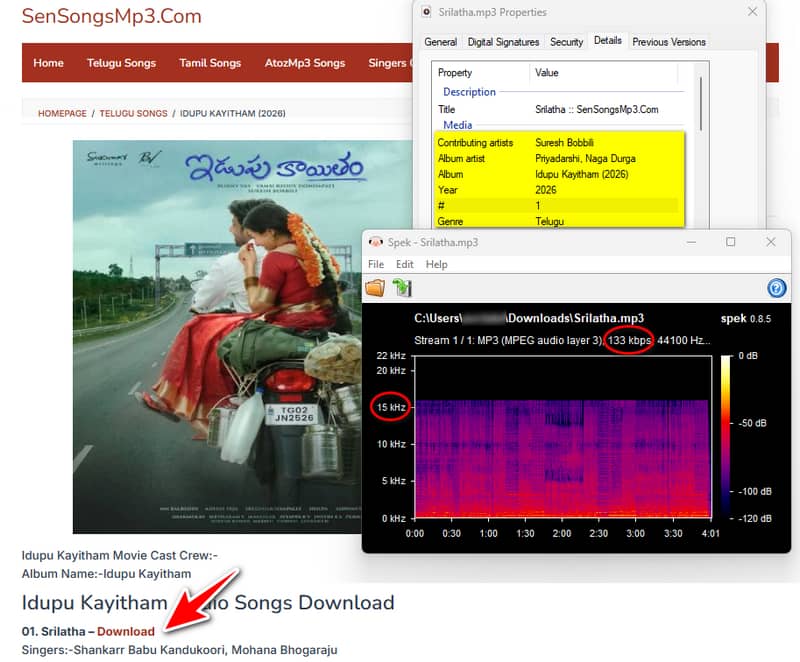 SenSongsMP3 website showing Tamil movie song listings