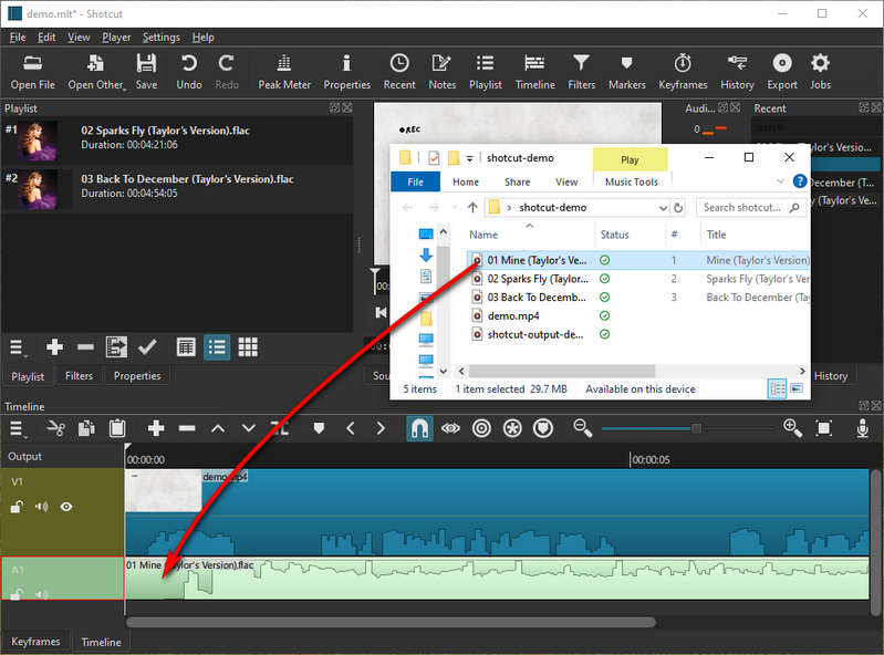 drag music from output folder to audio track