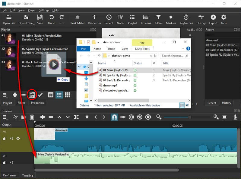 drag music from shotcut playlist to audio track