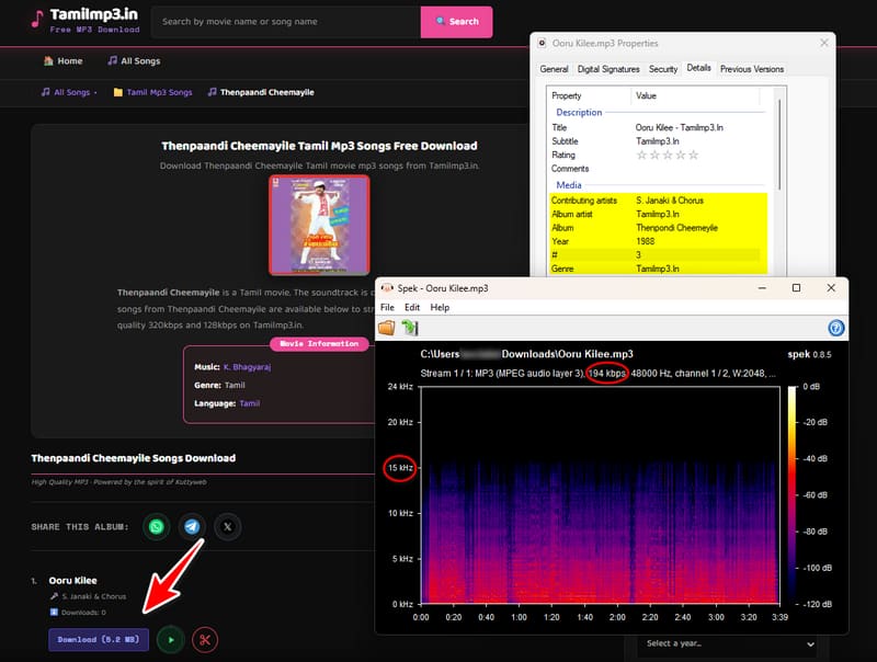 TamilMP3 website interface for finding Tamil songs and MP3 downloads