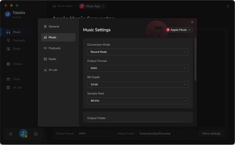 apple music settings wav