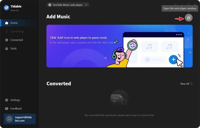open youtube music web player on tidabie music go home page