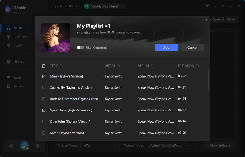 spotify web click add