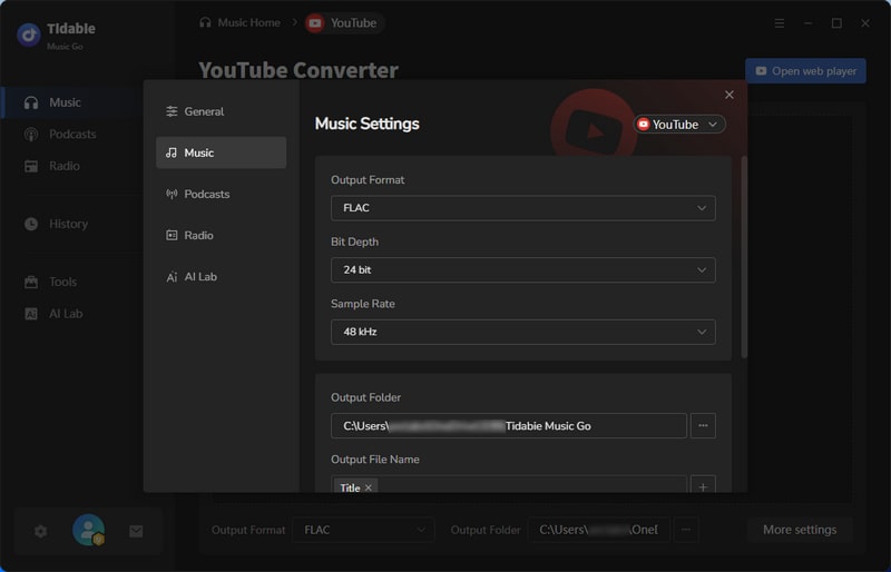 youtube music settings flac