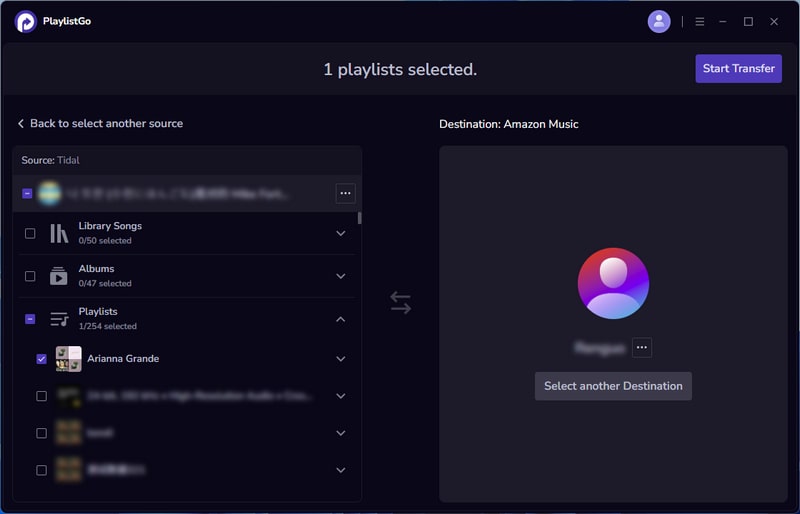 select tidal to amazon