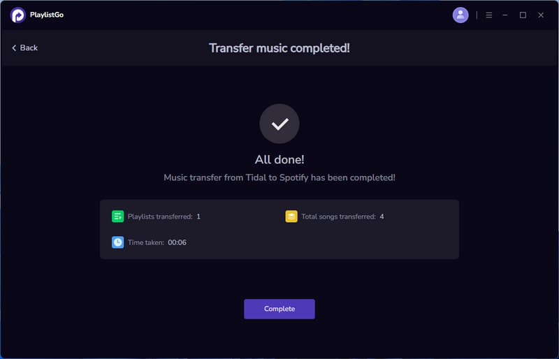 transfer tidal to amazon completed
