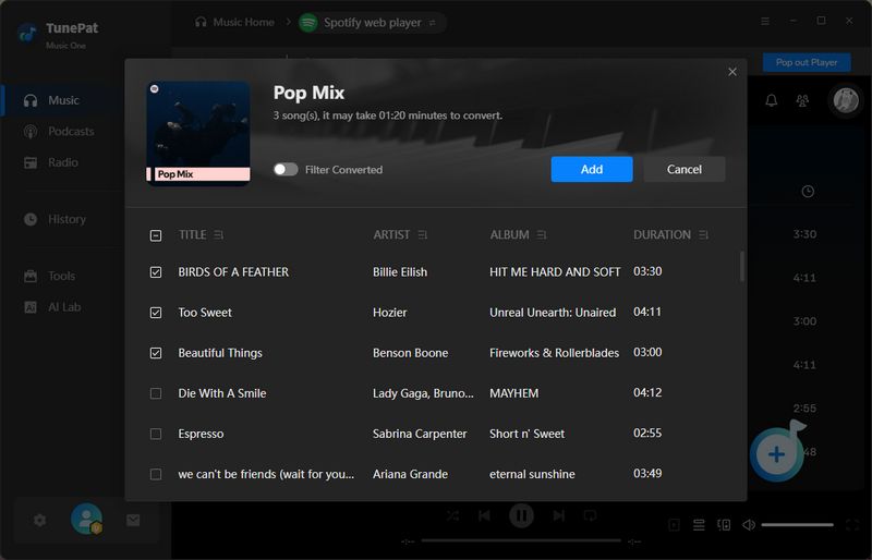 tunepat music one add spotify music