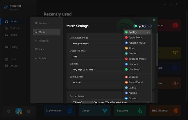 tunepat music one spotify settings