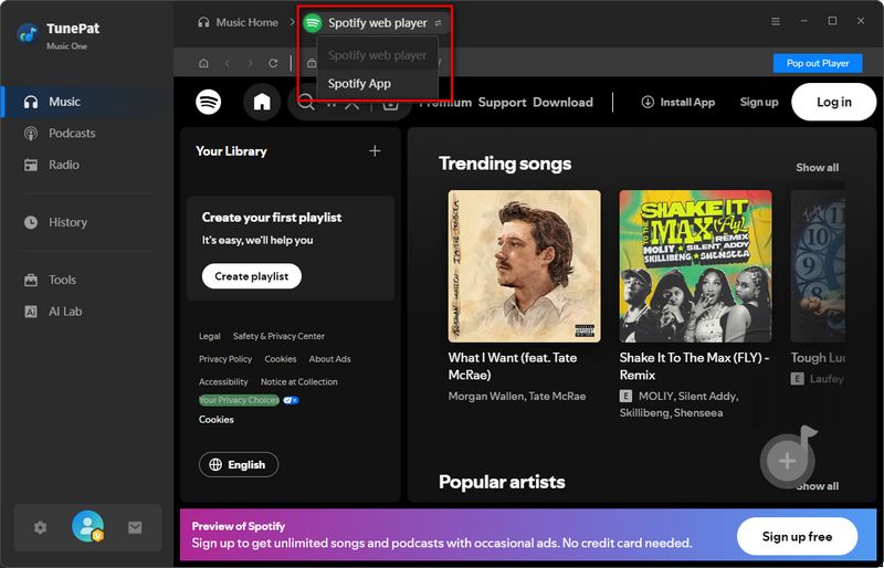 tunepat music one spotify switch source