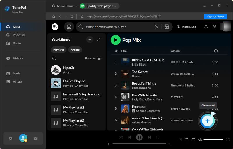 tunepat music one add to add spotify music