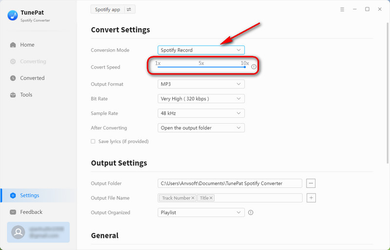 settings with spotify record