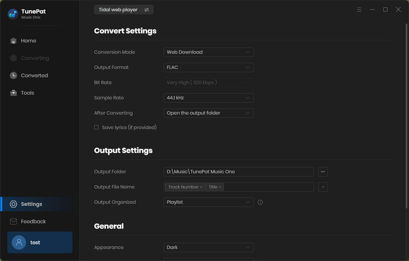 tunepat music one settings