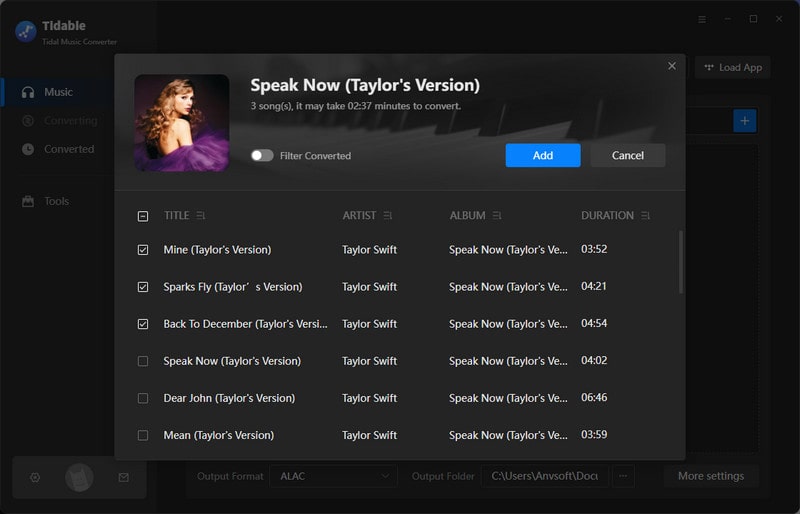 select Tidal songs to convert