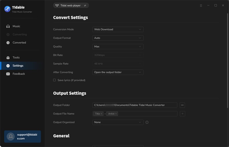 set up  tidal music output format